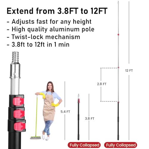 12FT Telescoping Extension Pole - Adjustable Aluminum Paint Roller Pole with 3/4" Universal Threaded Tip - Flip-Lock Extendable Pole for Window Roof Pool Cleaning - size: 12ft pole1