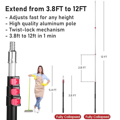 12FT Telescoping Extension Pole - Adjustable Aluminum Paint Roller Pole with 3/4" Universal Threaded Tip - Flip-Lock Extendable Pole for Window Roof Pool Cleaning - size: 12ft pole1
