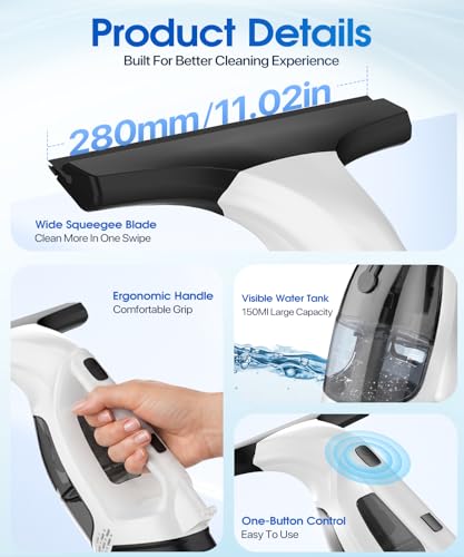 Window Vacuum Squeegee Cordless, 3-in-1 Electric Window Cleaner Tool with Spray & Microfiber Pad, Streak-Free 2200Pa Suction for Glass, Shower Doors, Mirrors, Tiles and Car Windows