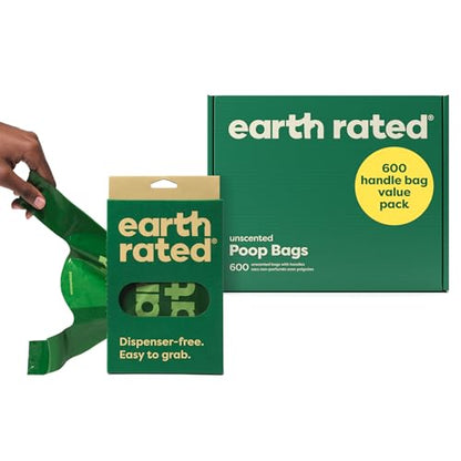 Earth Rated Dog Poop Bags with Handles Value Pack, Easy Tie and Guaranteed Leakproof, Unscented, 600 Handle Bags - size: 600 Handle Bags (Box), style: Unscented