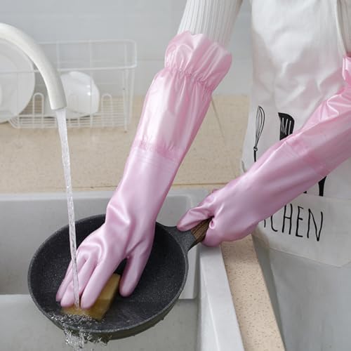 RARITYUS Household Kitchen Cleaning Gloves Waterproof Cotton Lined Dishwashing Non-Slip Long Cuff Gloves - color: Pink (Length 20.5'')