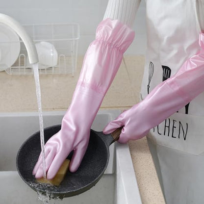 RARITYUS Household Kitchen Cleaning Gloves Waterproof Cotton Lined Dishwashing Non-Slip Long Cuff Gloves - color: Pink (Length 20.5'')