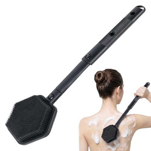 Silicone Back Scrubber for Shower, 21'' Extendable Dual-Sided Long Handle Bath Brush for Exfoliating & Massage, Non-Slip Grip, Gentle & Deep Cleansing Body Brush for Men Women