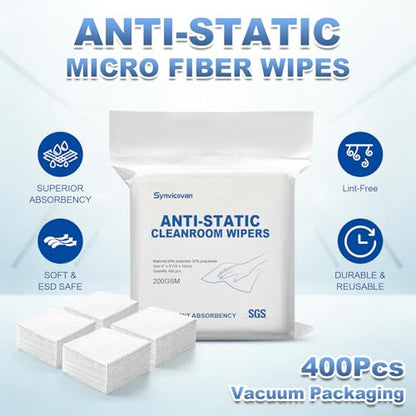 Anti-Static Microfiber Wipes 4"x4"(400 Pcs,Class 100, 200GSM) Lint Free Cloths Reusable Special ESD protection design is suitable for protecting sensitive electronic components and tools - size: 4"x4" (Pack of 400)