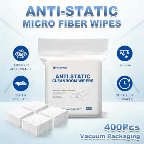 Anti-Static Microfiber Wipes 4"x4"(400 Pcs,Class 100, 200GSM) Lint Free Cloths Reusable Special ESD Protection Design is Suitable for Protecting Sensitive Electronic Components and Tools - size: 4"x4" (Pack of 400)
