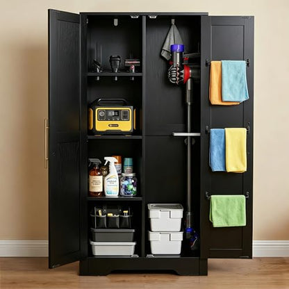 NORTHSKY Wooden Storage Cabinet, Broom Closet & Vacuum Cleaner Storage Compatible with Dyson Vacuum, Utility Cabinet for Brooms and Mops, Cleaning Tool Cabinet w/Doors for Garage, Office, Home (Black)