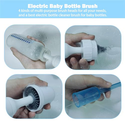 Electric Baby Bottle Brush Set with Rechargeable Electric Bottle Brush Cleaner and Replaceable Silicone Bottle Brushes and Straw Brush Cleaner, Waterproof Multi-Purpose Cleaning Brush (White) - color: White