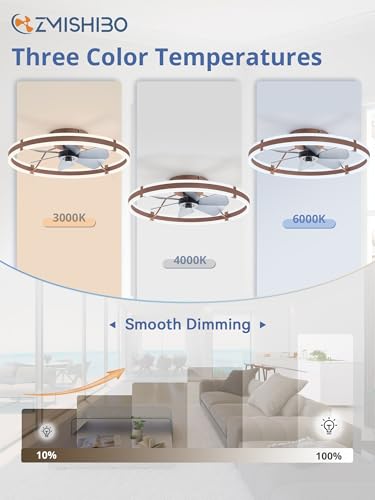 ZMISHIBO 24 Inch Ceiling Fans with Lights and Remote, Modern Low Profile Ceiling Fan, 3000-6000K Dimmable Flush Mount LED Fan Light, 6 Wind Speeds, Fandelier Ceiling Fans for Bedroom- Brown - color: Brown, size: 24 INCH