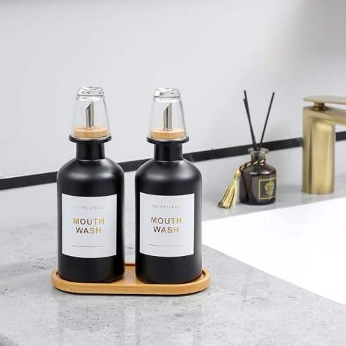11.8OZ Glass Mouthwash Dispenser for Bathroom with Stainless Steel & Bamboo Nozzle, Mouthwash Cup Reusable, Bamboo Tray, and Elegant Gold Sticker.Set of 2（Black - color: Black/350*2