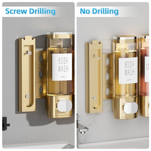 VITVITI Shampoo and Conditioner Dispenser for Shower Wall, Shower Soap Dispenser 3 Chamber No Drill Wall Mounted, 10.2 OZ Plastic Refillable Shower/Body Wash Bottles for Bathroom (Glod) - color: Gold