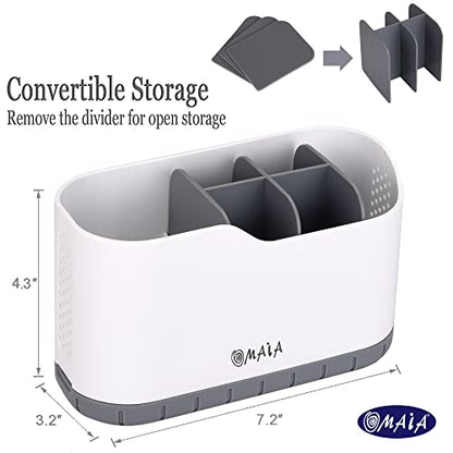 OMAIA Sink Caddy - Sink Organizer for Home, Kitchen, Wash Basin - Holder with Removable Dividers for Sponge, Brush, Toothbrush… White
