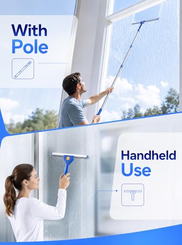 Window Cleaning Kit with Bucket, Window Squeegee and Microfiber Scrubber, 76-Inch Extension Pole Window Washer Set for Glass Doors, Shower Doors, Mirrors and Car Windows
