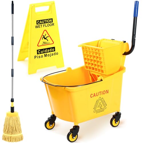 Maxdot 35 Quart Commercial Mop Bucket with Side Press Wringer on Wheels Yellow Industrial Mop and Bucket Set with Caution Sign for Floor Cleaning