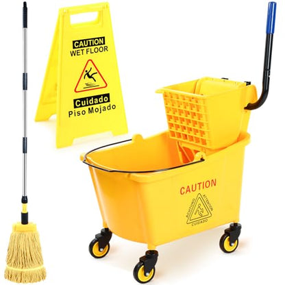 Maxdot 35 Quart Commercial Mop Bucket with Side Press Wringer on Wheels Yellow Industrial Mop and Bucket Set with Caution Sign for Floor Cleaning