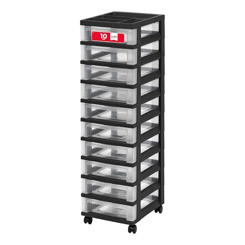 IRIS USA Plastic Drawer Storage Organizer Rolling Cart with Wheels Casters 10-Drawers for Classroom Art Craft Supplies Dresser Closet Bathroom Laundry Room Black/Clear - color: Black, size: 10 Drawer