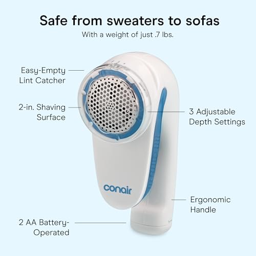 Conair Fabric Shaver and Lint Remover, Battery-Operated Portable Clothes Shaver with 3 Settings, Fuzz Remover for Sweaters, Clothing and Furniture, Large 2-Inch Shaving Head, White | Safely Removes Fuzz and Pilling with 3 Depth Settings for Sweaters and U