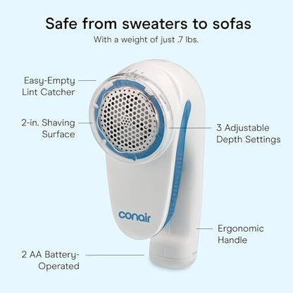 Conair Fabric Shaver and Lint Remover, Battery-Operated Portable Clothes Shaver with 3 Settings, Fuzz Remover for Sweaters, Clothing and Furniture, Large 2-Inch Shaving Head, White | Safely Removes Fuzz and Pilling with 3 Depth Settings for Sweaters and U