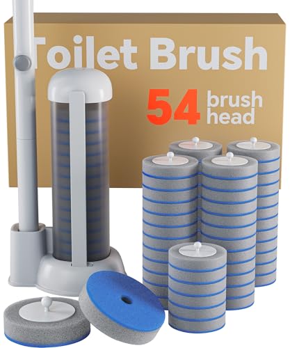 Disposable Toilet Brush and Holder Set - Hands-Free Eject Sponge Toilet Wand with Floor Standing Caddy, Secure-Lock Hangable Toilet Scrubber