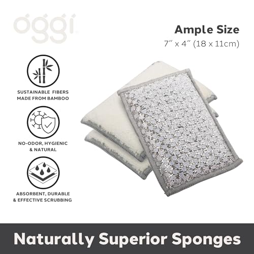 OGGI Bambou Odor-Free Scrubbing Sponges - Natural Scrub Sponges for Dishes, 91% Bamboo-Derived Rayon Cellulose Fiber, Reusable, Absorbent, Durable Scrubbers, Non-Scratch, Washable - 3 pcs, 7x4 - color: White/Gray