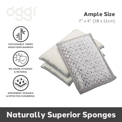 OGGI Bambou Odor-Free Scrubbing Sponges - Natural Scrub Sponges for Dishes, 91% Bamboo-Derived Rayon Cellulose Fiber, Reusable, Absorbent, Durable Scrubbers, Non-Scratch, Washable - 3 pcs, 7x4 - color: White/Gray
