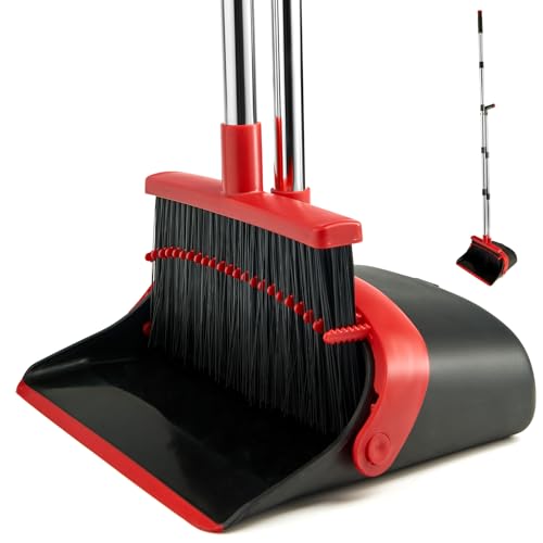 Broom and Dustpan Set for Home, Broom with Dustpan Cleaning Teeth Combo Set, Indoor Sweep Broom with Long Handle for Office Home Kitchen Lobby Floor (Black Red) - color: Black Red 1-pack