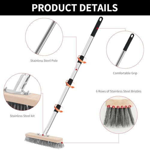 Stainless Steel Wire Scrub Brush with Long Handle, Heavy Duty Floor Scrubber Brush, Moss Remover Wire Broom for Deck, Rough Surface, Concrete Floor, Patio, Garden, Garage