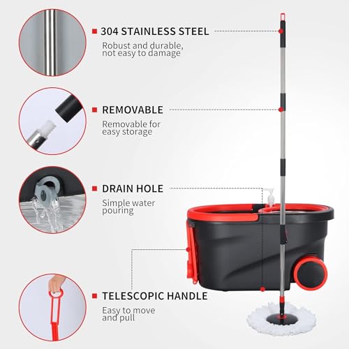 Mop and Bucket with Wringer Set, 360° Mop Bucket Floor Cleaning System with 3 Microfiber Replacement Mop Head Refills, 61" Adjustable Stainless Steel Handle, 2X Wheel for Home Cleaning