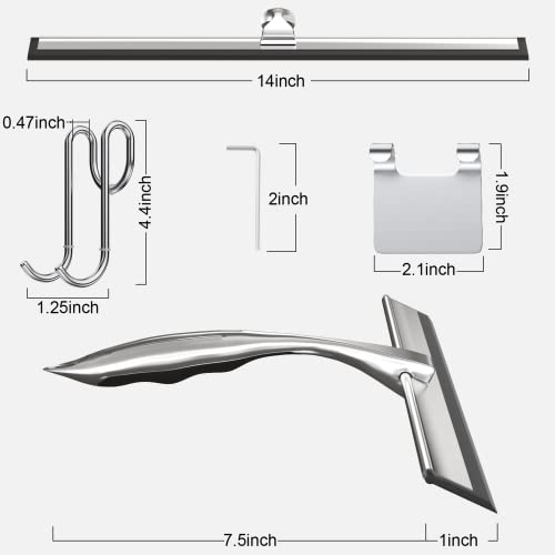 TOOVEM 14 Inch Shower Squeegee for Glass Doors, Window, Bathroom, Car Windshield, Shower Cleaning Tools with S Hook, Square Sticky Hook (Silver) - style: Silver 14 inch