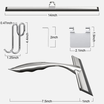 TOOVEM 14 Inch Shower Squeegee for Glass Doors, Window, Bathroom, Car Windshield, Shower Cleaning Tools with S Hook, Square Sticky Hook (Silver) - style: Silver 14 inch