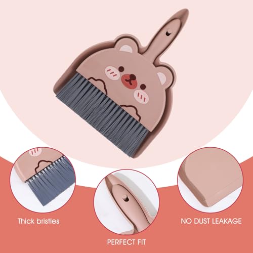 Portable Hand Broom and Dustpan Set, Cute Mini Dustpan and Brush with Bear Pattern, Small Cartoon Space Cleaning Tool for Home Office Desktop Car Camping Kitchen Tabletop (Brown) - color: Brown