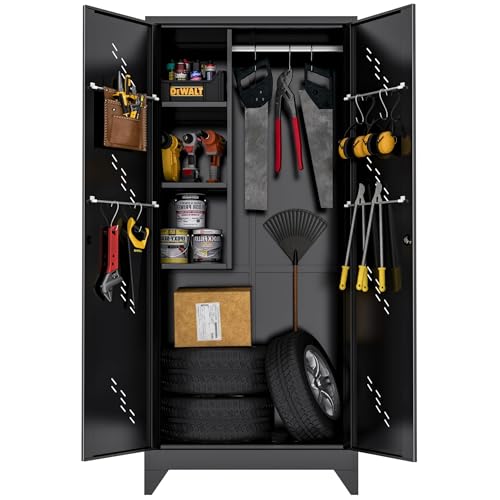 VASAAOSD Metal Garage Storage Cabinet, 75” Cleaning Tool Cabinet with Hooks and Hanging Rods, Heavy Duty Garden Tool Organizer, Broom Cabinets for Home, Garage, Laundry Room, Gym, Workshop - color: 75"h Black