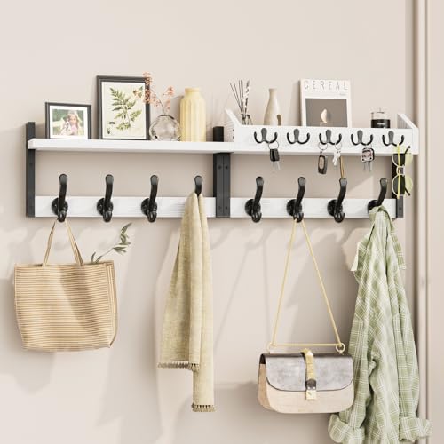 Evermagin 35" Coat Rack Wall Mount with Shelf, 4 in 1 Coat and Key Hanger with 13 Metal Hooks, Entryway Wall Mounted Shelf with Mail Holder for Living Room, Bedroom, White - color: White, size: 35 inch