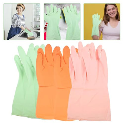 3 Pairs Medium Reusable Latex Dishwashing Gloves Non-slip Kitchen Cleaning Gloves for Women Pink, Teal, and Orange Colors, Household Washing and Cleaning Use