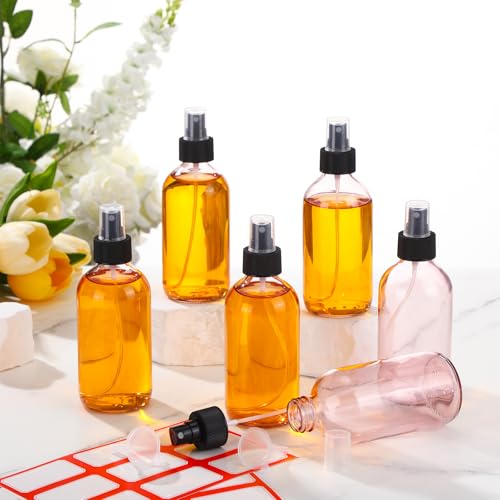 Norme 12 Pcs 8 oz Glass Spray Bottles with Funnels and Labels Refillable Cosmetic Empty Spray Bottles with Sprayer Containers for Essential Oil Cleaning Solutions(Pink,Stylish) - color: Pink, style: Stylish