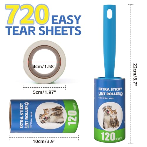 Lint Roller Refills with Handle 6 Pack (720 Sheets) | Extra Sticky, Fit 3.8"-4" Standard Size Lint Roller, Inner Diameter at 1.5", For Pet Hair, Clothes, Furniture, Cars - color: 6 Pack With Handle