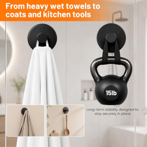 Upgraded Suction Cup Hooks for Shower, No-Drill Bathroom Hooks for Hanging Towels, Robes & Loofah - Mount on Kitchen Walls, Window, Glass, Mirror, Tile & Smooth Surfaces (2 Pack, Black) - color: Black