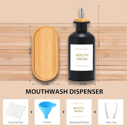 11.8OZ Glass Mouthwash Dispenser for Bathroom with Stainless Steel & Bamboo Nozzle, Mouthwash Cup Reusable, Bamboo Tray, and Elegant Gold Sticker.Set of 2（Black - color: Black/350*2