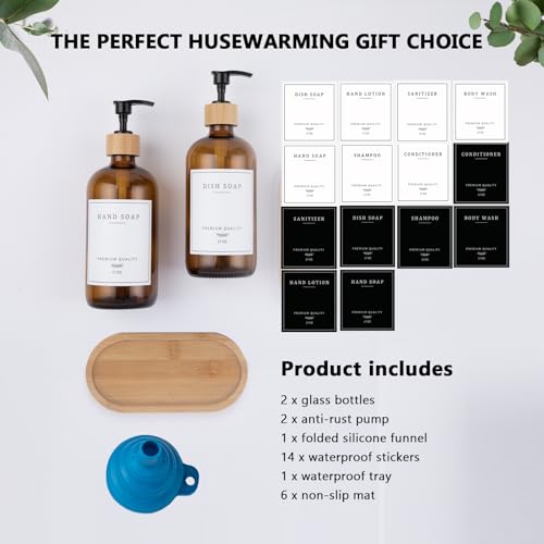 Amber Glass Soap Dispenser - Dish Hand Soap Dispenser for Kitchen Set, Soap Lotion Dispenser Bathroom with Sturdy Pump and Tray, 14 Waterproof Labels,Refillable Dispenser-Amber - color: Amber Bottle + 14 Labels + Funnel + Tray