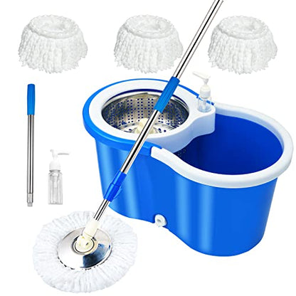 Spin Mop and Bucket with Wringer Set, 360° Mop and Bucket System with 3 Microfiber Mop Refills and 61" Extended Handle, Spinning Mop Bucket for Floor Cleaning, Blue - color: Blue