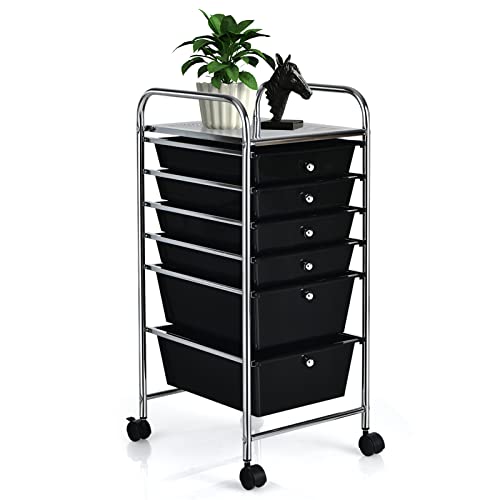 COSTWAY 6-Drawer Rolling Storage Cart, Multifunctional Art Craft Tools Organizer on Wheels, Heavy Duty Utility Mobile Storage Trolley w/ 2 Lockable Wheels for Home Office School (Black) - color: Black, size: 6 Drawer
