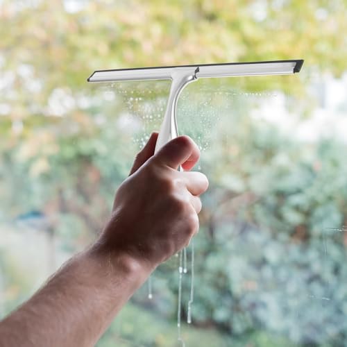 FOMIYES Stainless Steel Squeegee for Car Windows and Shower Doors, Detachable Rubber Blade with Handle and 4pcs Adhesive Hooks, Glass and Mirror Cleaning Tool for Home and Auto
