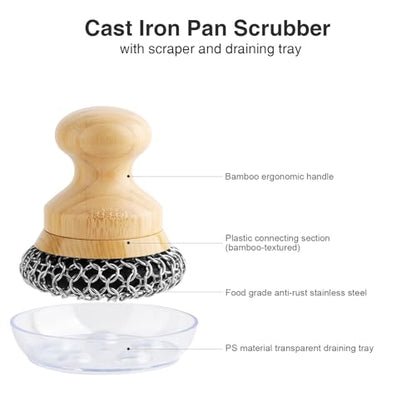 Cast Iron Scrubber and Scraper,Chain Mail Cleaner with Bamboo Handle & Draining Tray,316 Stainless Steel Brush for Cleaning Pots,Pans,Wok,Bakeware,Griddles, Grills(Small&Large ChainMail,2pcs) - size: Small + Large Chain Mail 2pcs