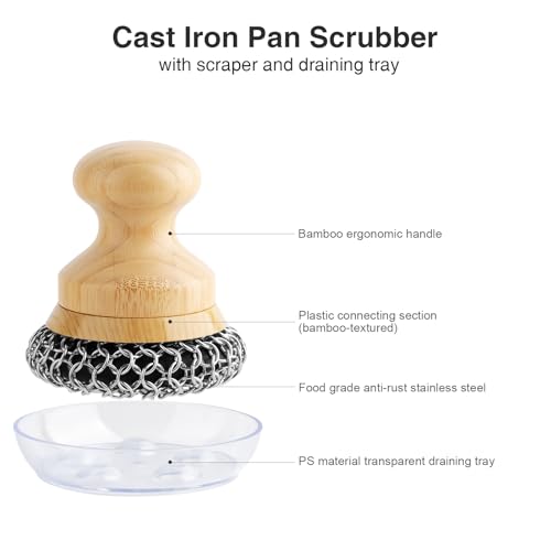 Cast Iron Scrubber and Scraper,Chain Mail Cleaner with Bamboo Handle & Draining Tray,316 Stainless Steel Brush for Cleaning Pots,Pans,Wok,Bakeware,Griddles, Grills,Dishes (Large Chain Mail) - size: Large chain ring