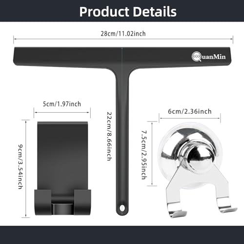 11 Inch Squared Shower Squeegee with Hook & Suction Cup, Stainless Steel Core Silicone Wiper, Streak-Free Cleaner for Glass Doors, Windows, Mirrors, Tile Walls & Car Cleaning (Black) - size: Square Headed-11 inch