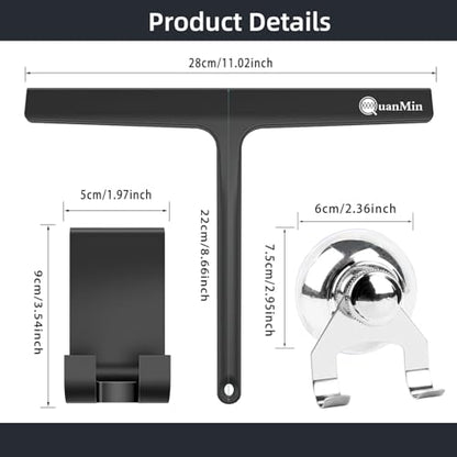 11 Inch Squared Shower Squeegee with Hook & Suction Cup, Stainless Steel Core Silicone Wiper, Streak-Free Cleaner for Glass Doors, Windows, Mirrors, Tile Walls & Car Cleaning (Black) - size: Square Headed-11 inch