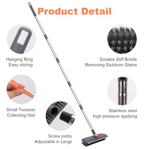 Floor Scrub Brush with 64" Long Handle - 360° Swivel Heads Household Push Brush with Squeegee and Right Angled Bristle for Cleaning Concrete Floors Grout Gardens Patio Deck Concrete Garage Heavy Duty