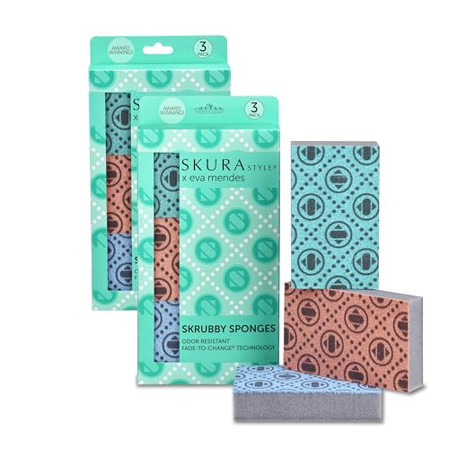 Skura Style x Eva Mendes Smart Kitchen Dish Sponges (Bulk 6 Pack) | Odor Free Non-Scratch Scrub Pad | Household Scrubber for Sink, Counters, Surfaces, Pots, Pans, Dishwashing | Color-Fade Change - size: 6 Sponges