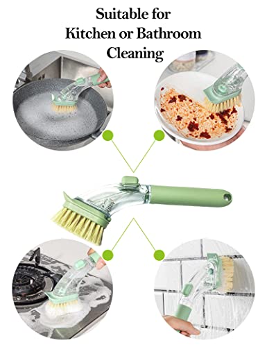 DAJOOEE Dish Brush with Soap Dispenser, Green, Nylon Bristles, Iron and Silicone Handle, 3 Replacement Heads, Kitchen Cleaning Brush