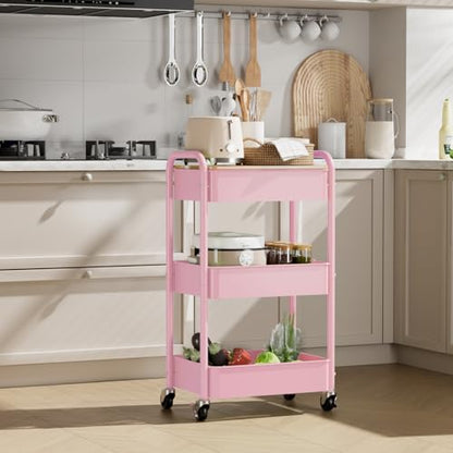 3 Tier Rolling Cart with Table top, Metal Rolling Utility Cart, Sturdy Storage Organizer Cart with Locking Wheels & Hooks for Office, Classroom, Kitchen and Bathroom，Pink - color: Pink