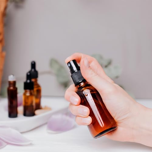 Small Glass Spray Bottles for Oil, Hair, Plants Water 2 oz | Empty Fine Mist and Refillable Mister Amber Mini Travel Size Bottle for Cleaning Solutions, Essential Oil Sprayer and Nozzle - 2 Pack